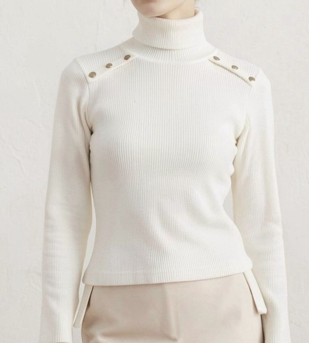 Commense White Long Sleeve Turtleneck Sweater with Buttons XL